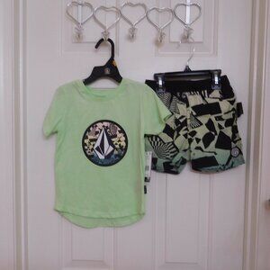 NWT 2pc Volcom Green Logo Shirt & Print Swim Shorts sz 3t